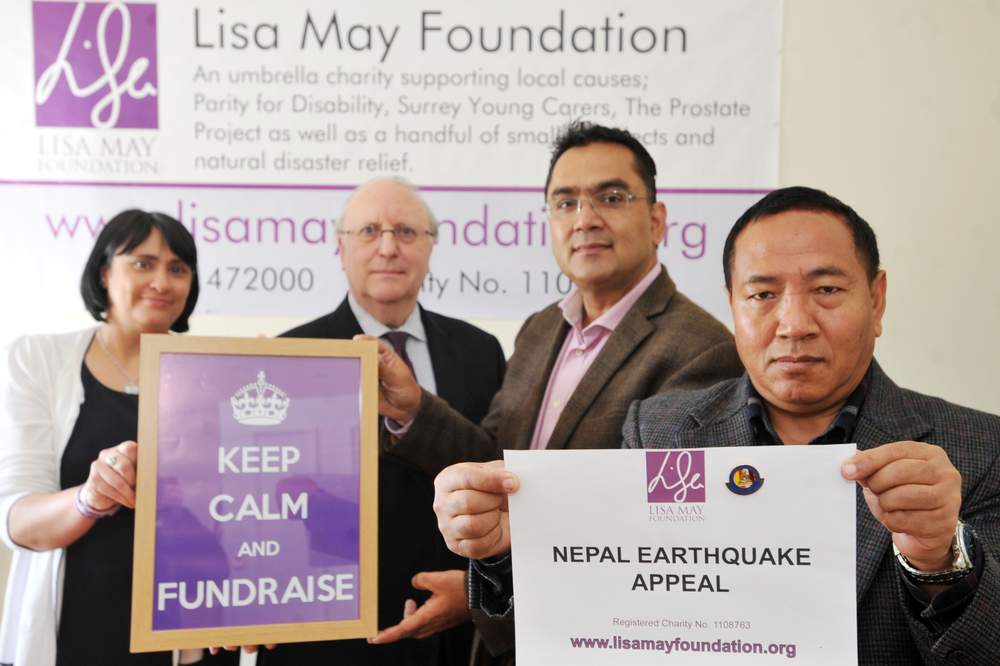 Cheryl D&#39;Cruz, John May, Dr Kapil Rijal and Kaki Sherpa, president of the Aldershot Buddhist Community Centre.